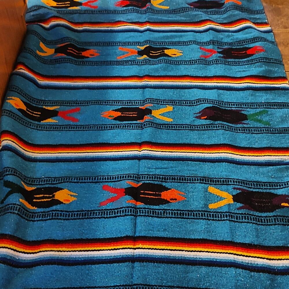 Colorful Handwoven Mexican Blanket Area Rug with Fish Design 48x77 Inches